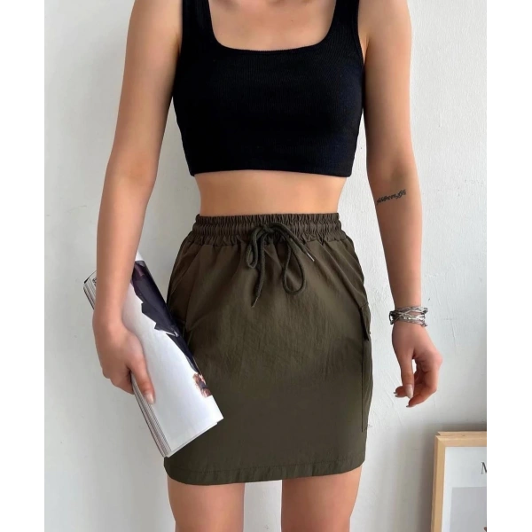 BİÇOMİ Kargo cep ince paraşüt etek haki s241019