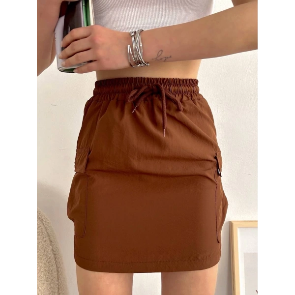 BİÇOMİ Kargo cep ince paraşüt etek kahve s241019