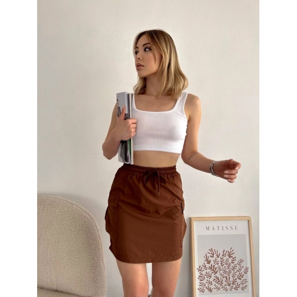 BİÇOMİ Kargo cep ince paraşüt etek kahve s241019