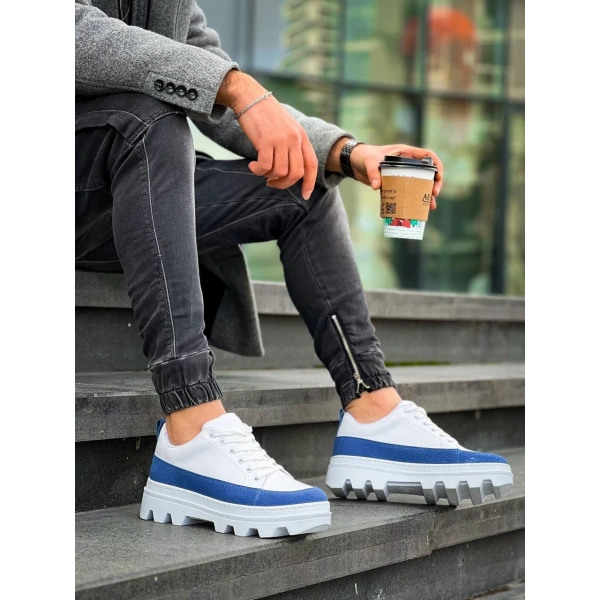 BİÇOMİ KB-056 Kuback Beyaz Mavi Detaylı Beyaz Yüksek Taban Günlük Spor Ayakkabı