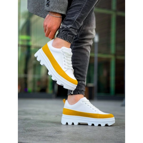 BİÇOMİ KB-056 Kuback Beyaz Sarı Detaylı Beyaz Yüksek Taban Günlük Spor Ayakkabı