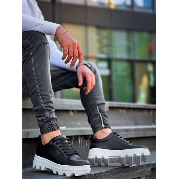 BİÇOMİ KB-056 Kuback Siyah Cilt Beyaz Yüksek Taban Günlük Spor Ayakkabı