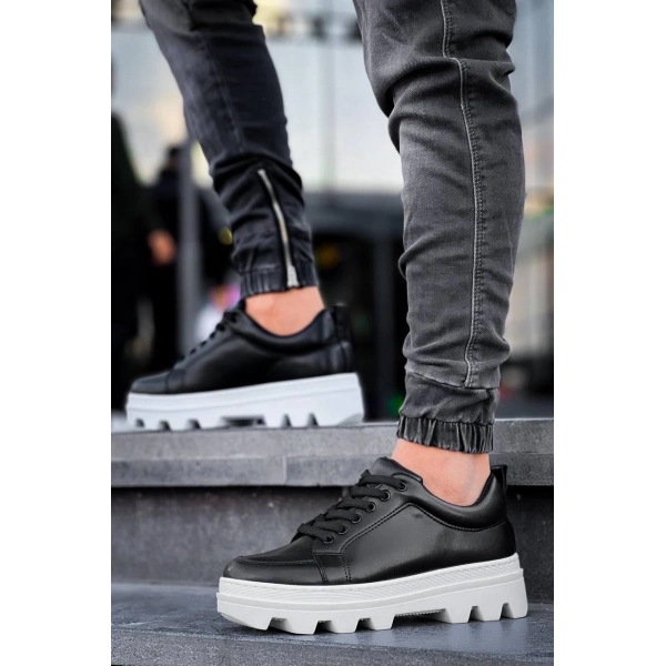 BİÇOMİ KB-056 Kuback Siyah Cilt Beyaz Yüksek Taban Günlük Spor Ayakkabı