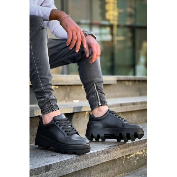 BİÇOMİ KB-056 Kuback Siyah Cilt Siyah Yüksek Taban Günlük Spor Ayakkabı