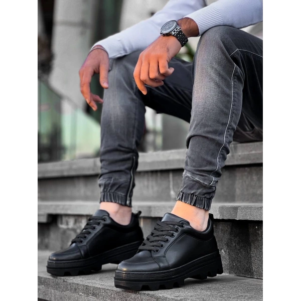 BİÇOMİ KB-056 Kuback Siyah Cilt Siyah Yüksek Taban Günlük Spor Ayakkabı