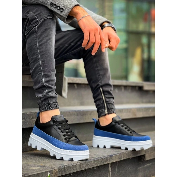 BİÇOMİ KB-056 Kuback Siyah Mavi Detaylı Beyaz Yüksek Taban Günlük Spor Ayakkabı
