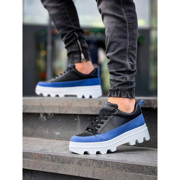 BİÇOMİ KB-056 Kuback Siyah Mavi Detaylı Beyaz Yüksek Taban Günlük Spor Ayakkabı