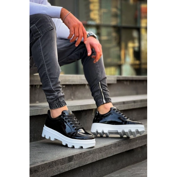 BİÇOMİ KB-056 Kuback Siyah Rugan Beyaz Yüksek Taban Günlük Spor Ayakkabı