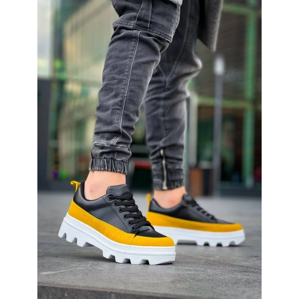 BİÇOMİ KB-056 Kuback Siyah Sarı Detaylı Beyaz Yüksek Taban Günlük Spor Ayakkabı
