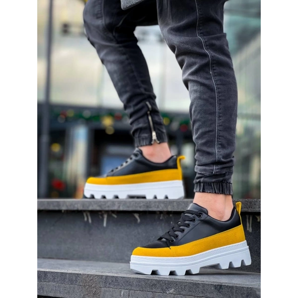 BİÇOMİ KB-056 Kuback Siyah Sarı Detaylı Beyaz Yüksek Taban Günlük Spor Ayakkabı