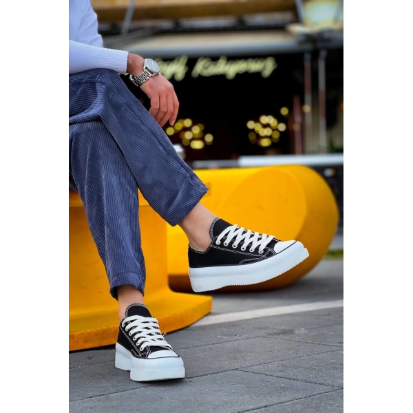 BİÇOMİ KB-CX-3 Kuback Kısa Siyah Keten Beyaz Yüksek Taban Spor Ayakkabı