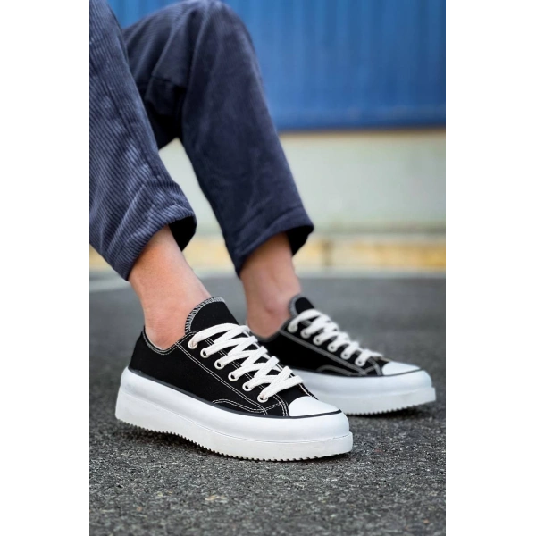 BİÇOMİ KB-CX-3 Kuback Kısa Siyah Keten Beyaz Yüksek Taban Spor Ayakkabı