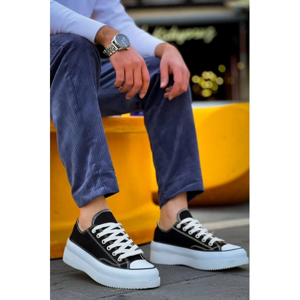 BİÇOMİ KB-CX-3 Kuback Kısa Siyah Keten Beyaz Yüksek Taban Spor Ayakkabı