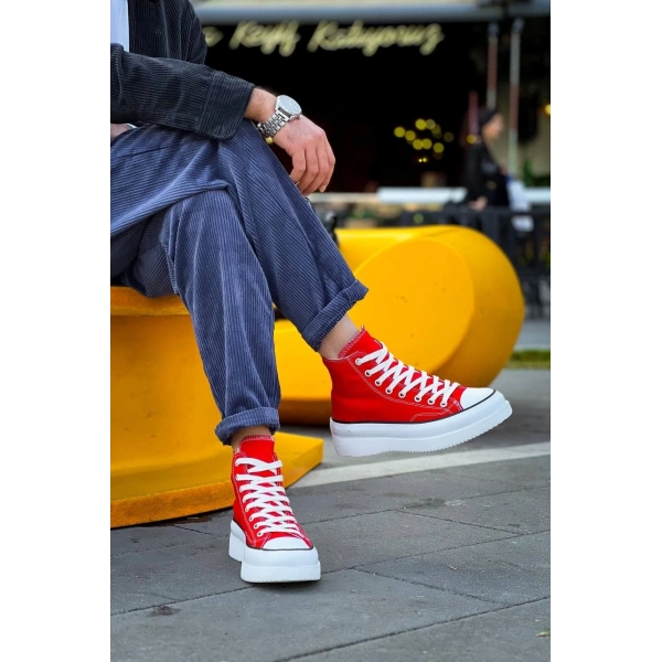 BİÇOMİ KB-CX-3 Kuback Uzun Kırmızı Keten Beyaz Yüksek Taban Spor Ayakkabı