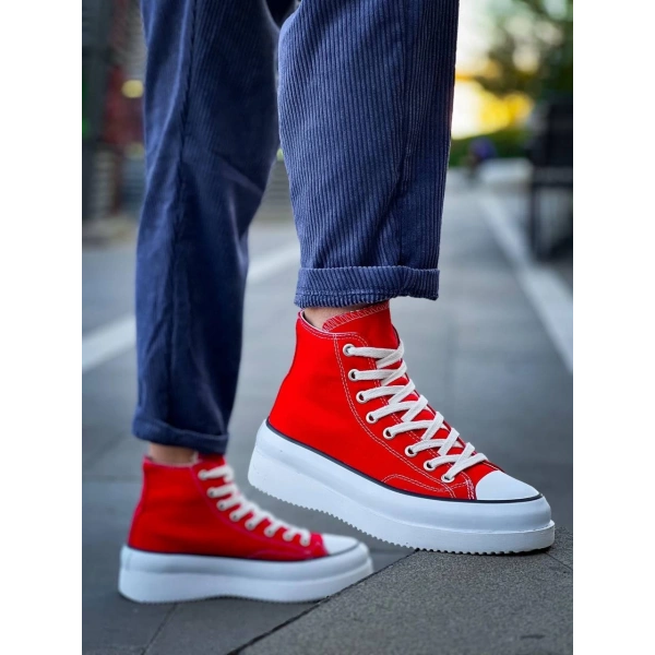 BİÇOMİ KB-CX-3 Kuback Uzun Kırmızı Keten Beyaz Yüksek Taban Spor Ayakkabı