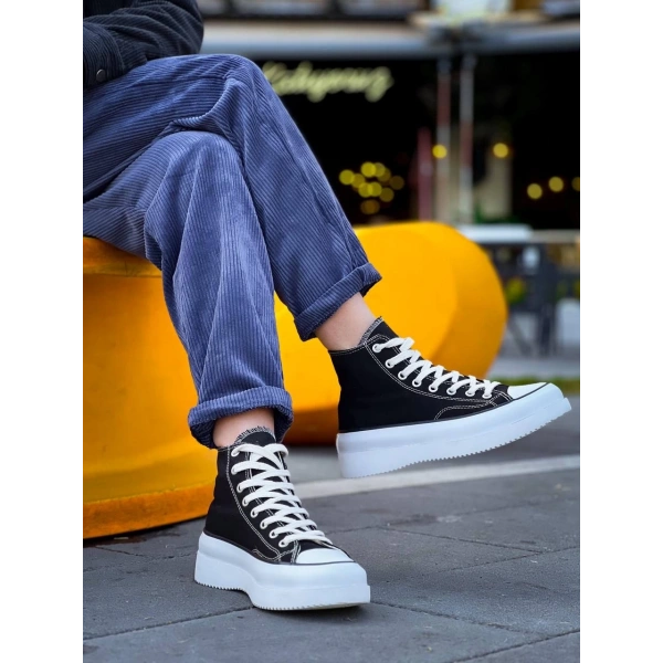 BİÇOMİ KB-CX-3 Kuback Uzun Siyah Keten Beyaz Yüksek Taban Spor Ayakkabı