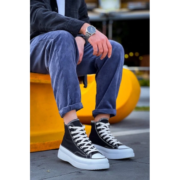 BİÇOMİ KB-CX-3 Kuback Uzun Siyah Keten Beyaz Yüksek Taban Spor Ayakkabı