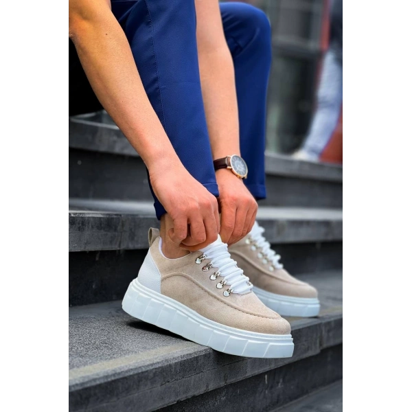 BİÇOMİ KB-X10 Kuback Bej Süet Beyaz Yüksek Taban Günlük Spor Ayakkabı
