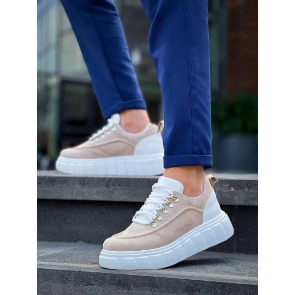 BİÇOMİ KB-X10 Kuback Bej Süet Beyaz Yüksek Taban Günlük Spor Ayakkabı