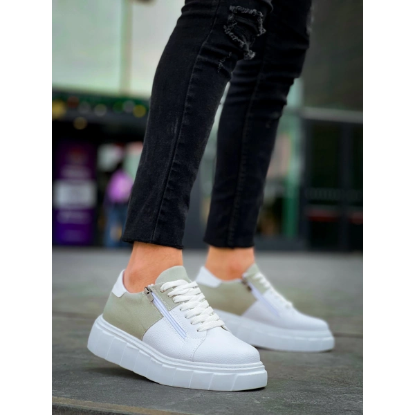 BİÇOMİ KB-X155 Kuback Beyaz Cilt Gri Süet Detaylı Beyaz Yüksek Taban Günlük Spor Ayakkabı