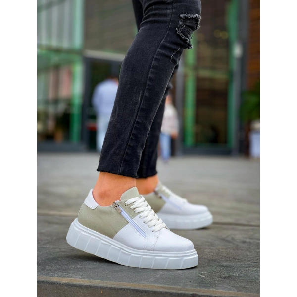 BİÇOMİ KB-X155 Kuback Beyaz Cilt Gri Süet Detaylı Beyaz Yüksek Taban Günlük Spor Ayakkabı