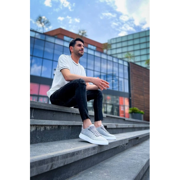 BİÇOMİ KB-X204 Kuback Gri Keten Beyaz Yüksek Taban Günlük Erkek Spor Ayakkabı