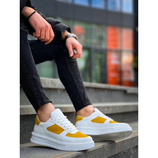 BİÇOMİ KB-X8 Kuback Beyaz Cilt Sarı Süet Detaylı Beyaz Yüksek Taban Günlük Spor Ayakkabı