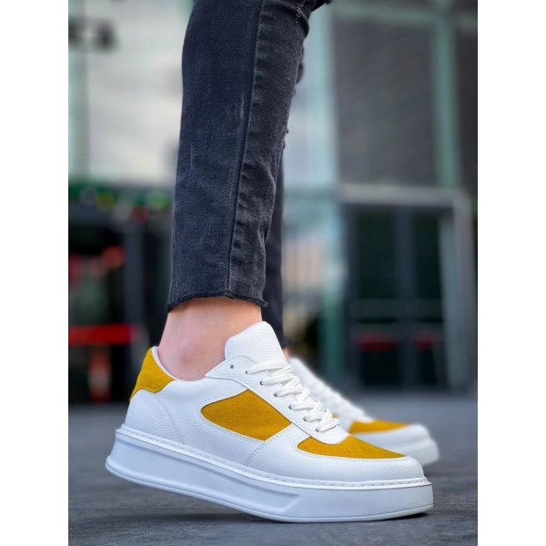 BİÇOMİ KB-X8 Kuback Beyaz Cilt Sarı Süet Detaylı Beyaz Yüksek Taban Günlük Spor Ayakkabı
