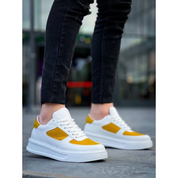 BİÇOMİ KB-X8 Kuback Beyaz Cilt Sarı Süet Detaylı Beyaz Yüksek Taban Günlük Spor Ayakkabı