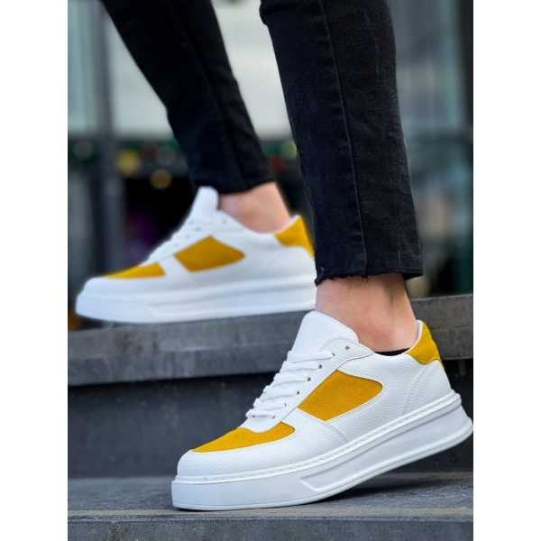 BİÇOMİ KB-X8 Kuback Beyaz Cilt Sarı Süet Detaylı Beyaz Yüksek Taban Günlük Spor Ayakkabı
