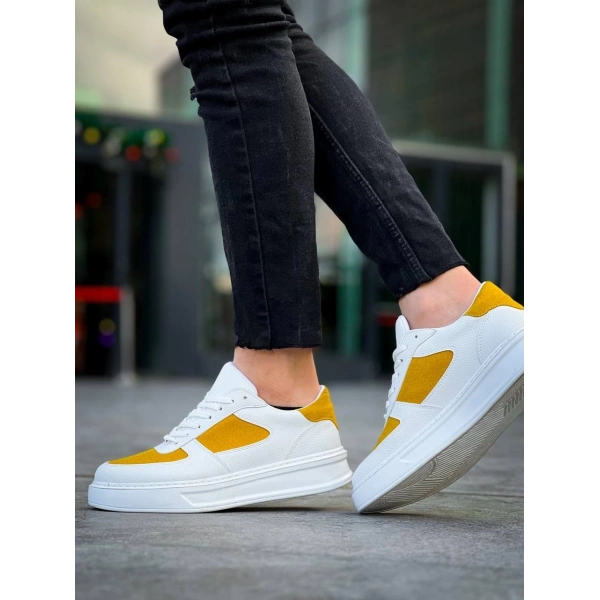 BİÇOMİ KB-X8 Kuback Beyaz Cilt Sarı Süet Detaylı Beyaz Yüksek Taban Günlük Spor Ayakkabı