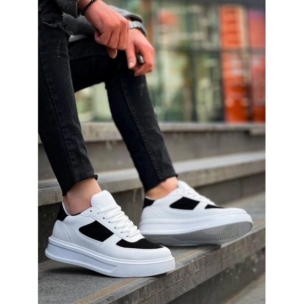BİÇOMİ KB-X8 Kuback Beyaz Siyah Cilt Yüksek Taban Günlük Spor Ayakkabı