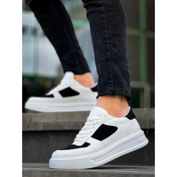 BİÇOMİ KB-X8 Kuback Beyaz Siyah Cilt Yüksek Taban Günlük Spor Ayakkabı