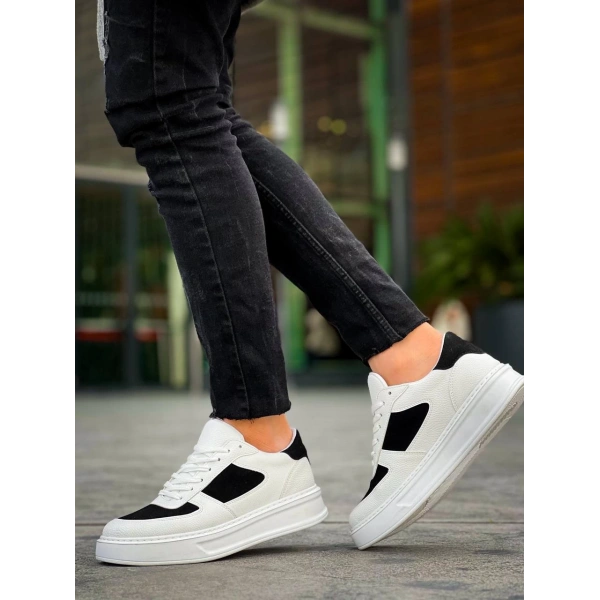 BİÇOMİ KB-X8 Kuback Beyaz Siyah Cilt Yüksek Taban Günlük Spor Ayakkabı