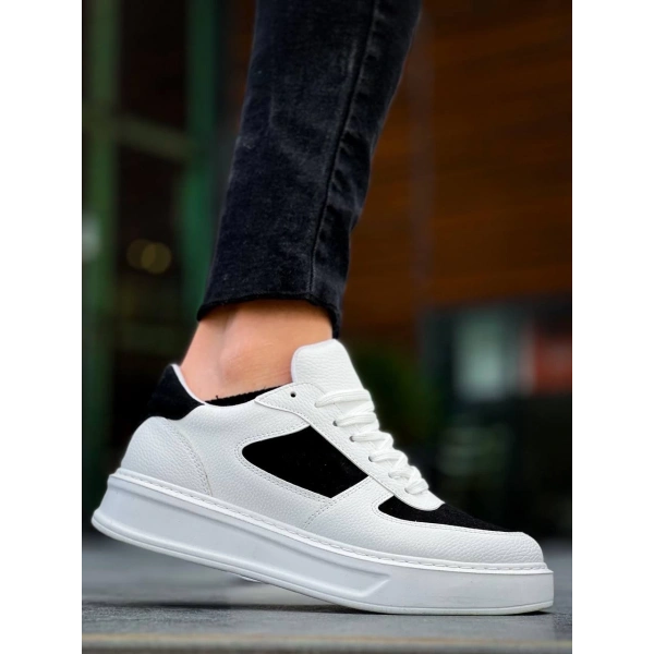 BİÇOMİ KB-X8 Kuback Beyaz Siyah Cilt Yüksek Taban Günlük Spor Ayakkabı