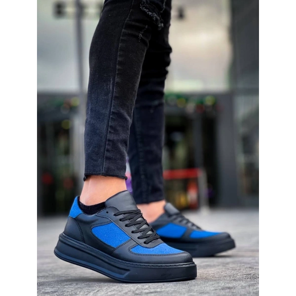 BİÇOMİ KB-X8 Kuback Siyah Cilt Mavi Süet Detaylı Siyah Yüksek Taban Günlük Spor Ayakkabı