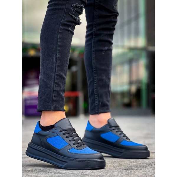 BİÇOMİ KB-X8 Kuback Siyah Cilt Mavi Süet Detaylı Siyah Yüksek Taban Günlük Spor Ayakkabı
