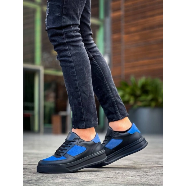 BİÇOMİ KB-X8 Kuback Siyah Cilt Mavi Süet Detaylı Siyah Yüksek Taban Günlük Spor Ayakkabı