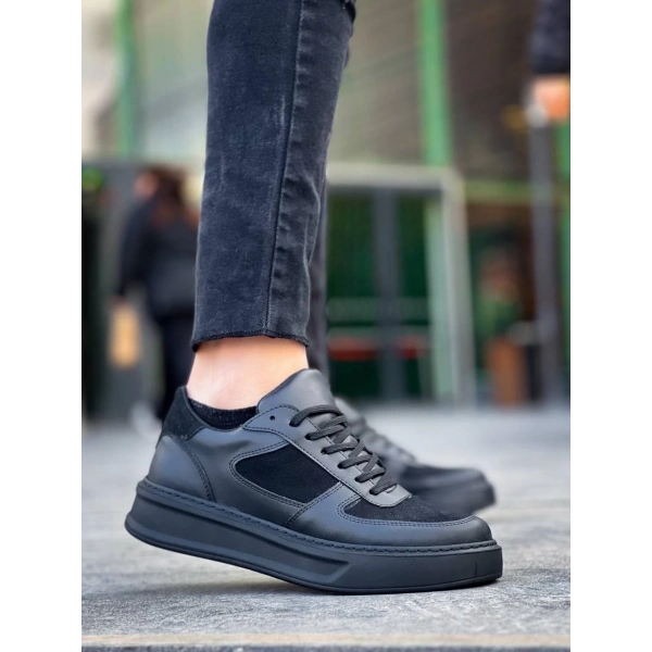 BİÇOMİ KB-X8 Kuback Siyah Cilt Siyah Süet  Detaylı Siyah Yüksek Taban Günlük Spor Ayakkabı