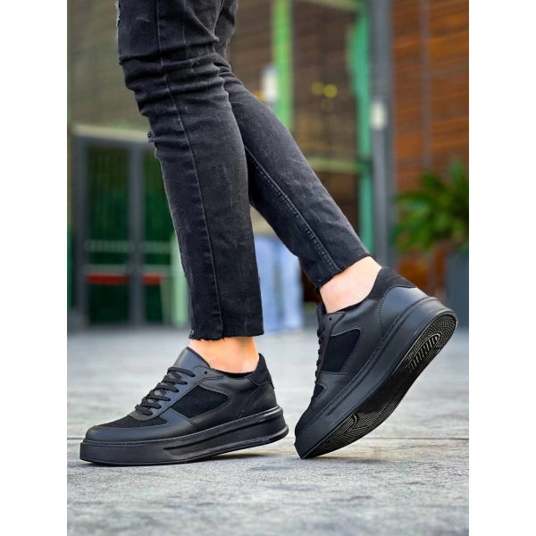 BİÇOMİ KB-X8 Kuback Siyah Cilt Siyah Süet  Detaylı Siyah Yüksek Taban Günlük Spor Ayakkabı