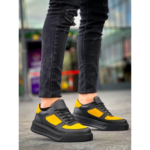 BİÇOMİ KB-X8 Kuback Siyah Sarı Cilt Yüksek Taban Günlük Spor Ayakkabı