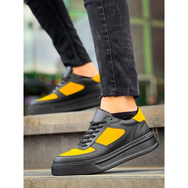 BİÇOMİ KB-X8 Kuback Siyah Sarı Cilt Yüksek Taban Günlük Spor Ayakkabı