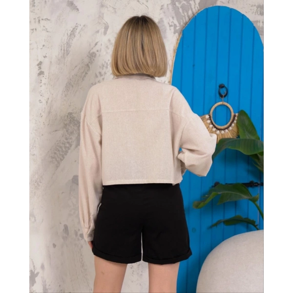 BİÇOMİ Kemer cepli keten crop gömlek krem s255350