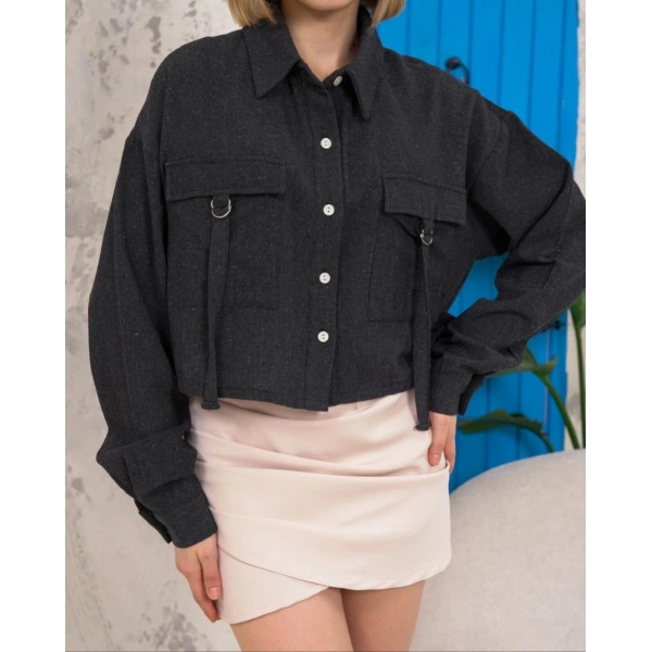 BİÇOMİ Kemer cepli keten crop gömlek siyah s255350