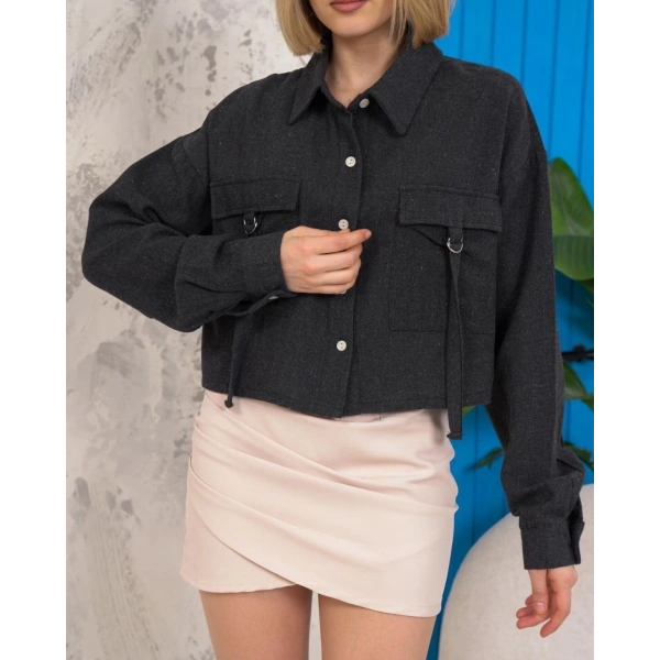 BİÇOMİ Kemer cepli keten crop gömlek siyah s255350