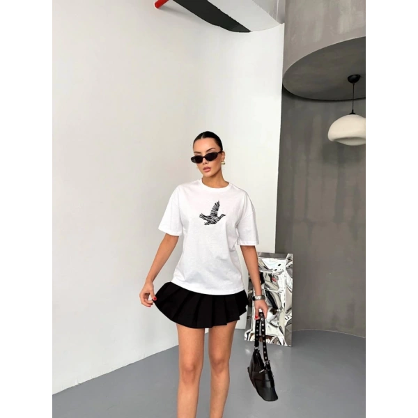 Biçomi Kısa Kol Baskılı T-shirt - Beyaz