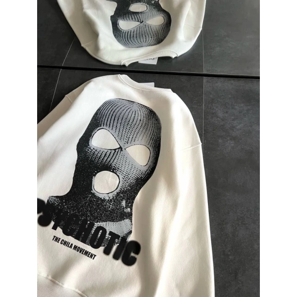 Biçomi Kışlık Bisiklet Yaka Baskılı SweatShirt - Beyaz