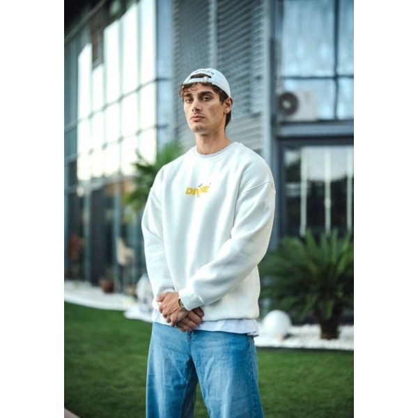 Biçomi Kışlık Bisiklet Yaka Baskılı SweatShirt - Beyaz