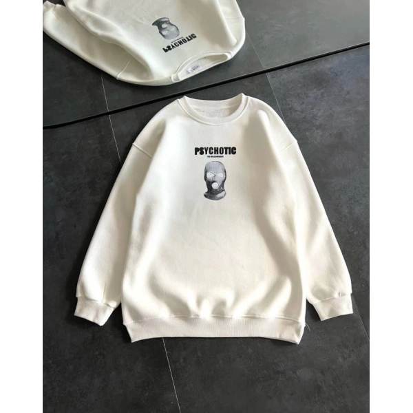 Biçomi Kışlık Bisiklet Yaka Baskılı SweatShirt - Beyaz