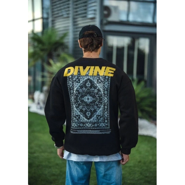 Biçomi Kışlık Bisiklet Yaka Baskılı SweatShirt - Siyah